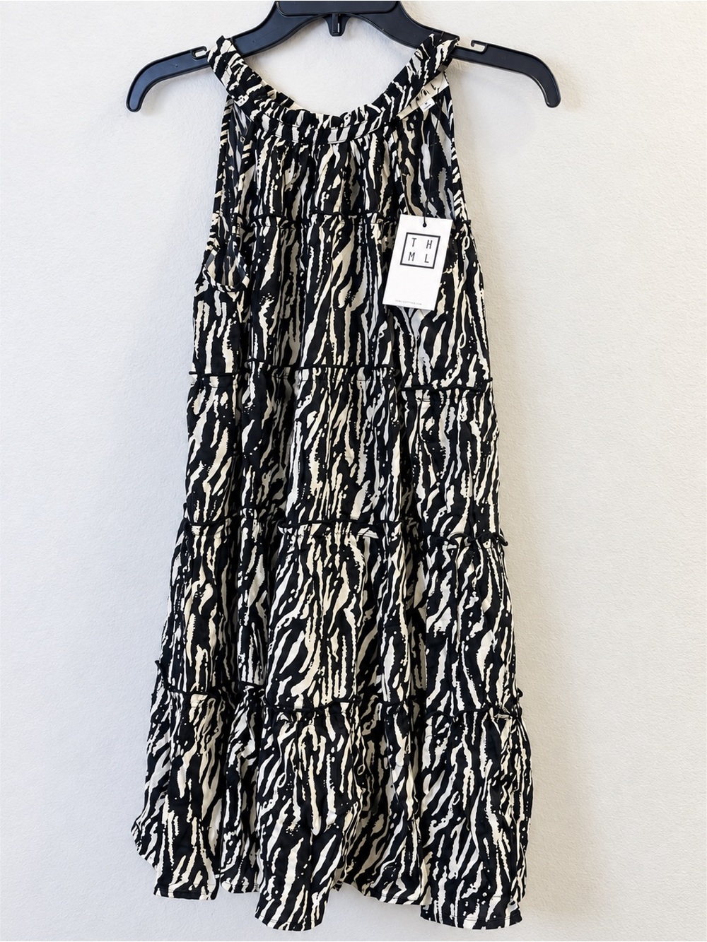 THML Black and Cream Tiered Zebra-Print Midi Dress